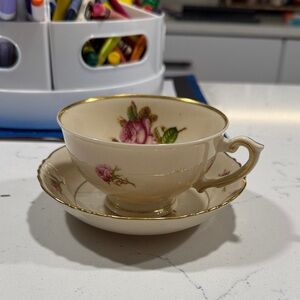 Ivory Floral Teacup and Saucer with Gold Trim
